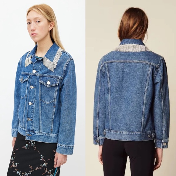 SANDRO Crystal Rhinestone Fringe Collar‎ Oversized Denim Trucker Jean Jacket M - Picture 3 of 15